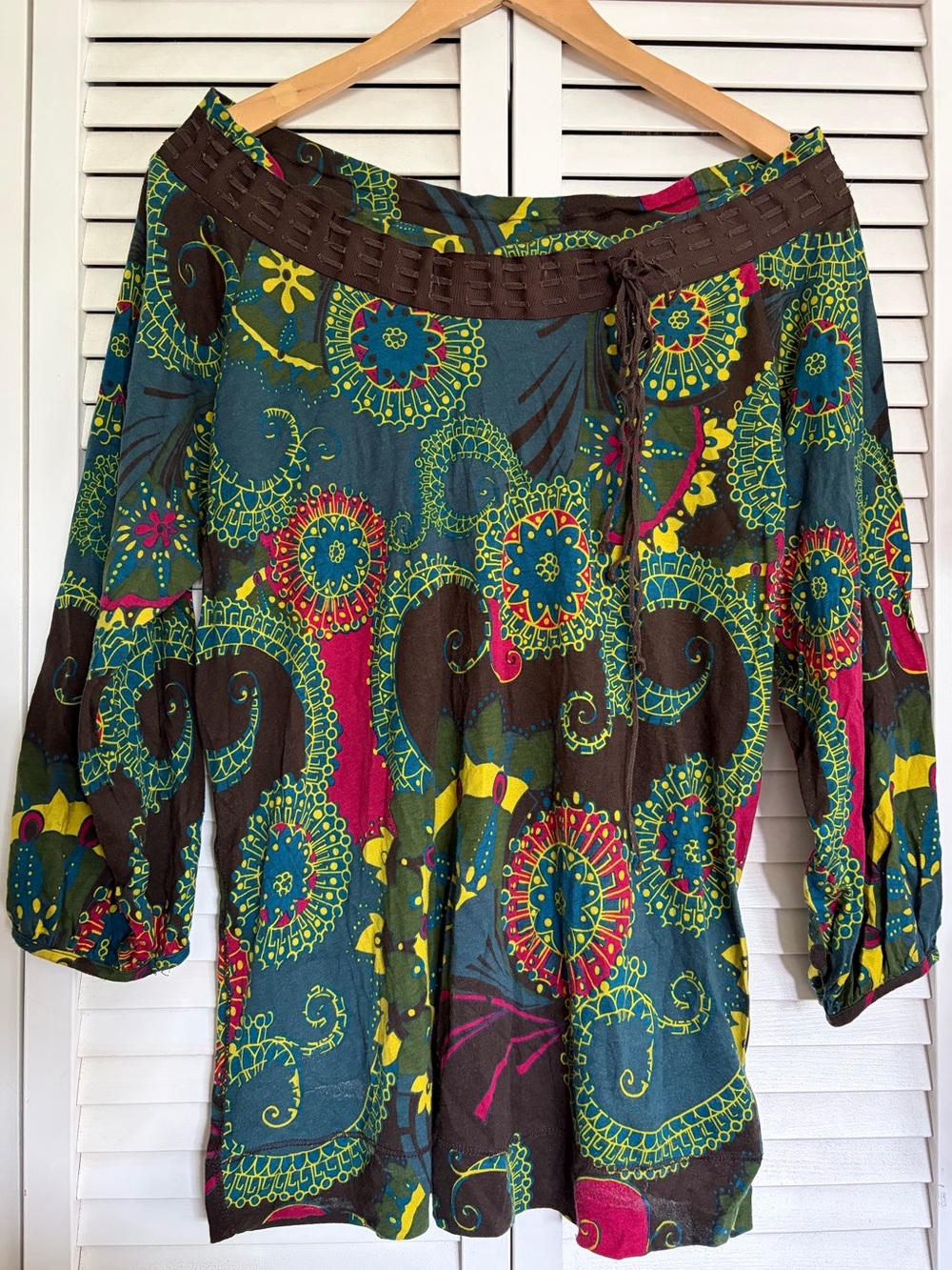Vintage Lucky Brand Boho Off-Shoulder Top in Teal, Brown, Yellow & Fuchsia